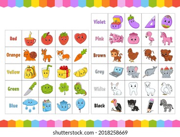 Farben für Kinder lernen. Schneide und spiele. Cute Cartoon-Figuren. Bildset für Vorschulkinder. Unterrichtsblatt. Vektorgrafik.