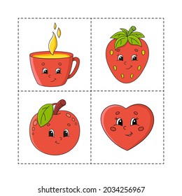 Learning colors for kids. Cut and play. Cute cartoon characters. Picture set for preschoolers. Education worksheet. Vector illustration.