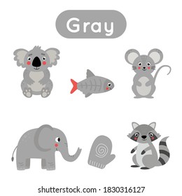 Learning colors for kids. Gray color flash card. Educational material for children. Set of objects in gray color.