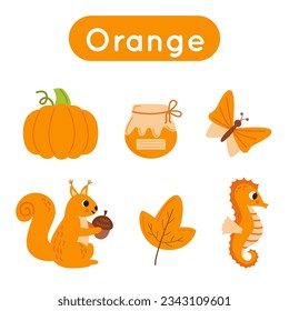 Learning colors for kids. Orange color flash card. Educational material for children. Set of objects in orange color.
