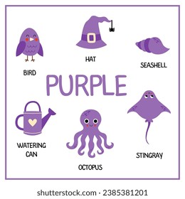 Learning colors for kids. Purple objects with names. Purple color. Educational flashcard for children. 