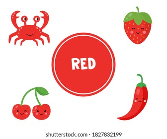 Learning colors for kids. Red color. Different pictures in red color. Educational worksheet for kids. Flashcards game for preschoolers.