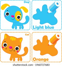learning colors for kids wits dog and cat. Blue and orange animal cards
