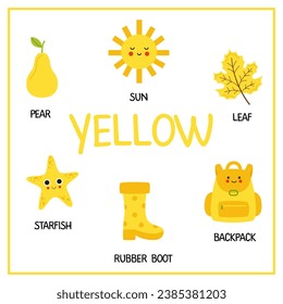 Learning colors for kids. yellow objects with names. yellow color. Educational flashcard for children. 