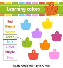 Learning colors. Logic puzzle for kids. Education developing worksheet. Learning game. Activity page. Simple flat isolated vector illustration in cute cartoon style.