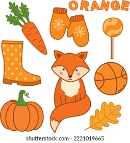 Learning colors. Orange color flashcard for kids with different orange pictures.