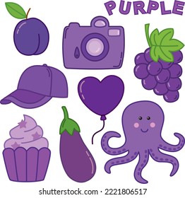 Learning colors. Purple color flashcard for kids with different purple pictures.