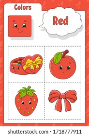 Learning colors. Red color. Flashcard for kids. Cute cartoon characters. Picture set for preschoolers. Education worksheet. Vector illustration.