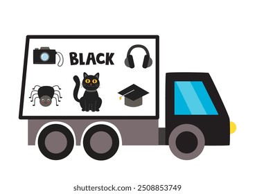 Learning colors worksheet for kids. Black truck with black objects.
