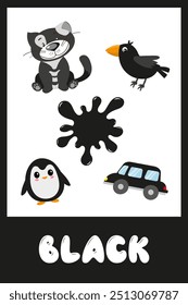 Learning colors worksheet for kids. black color flashcard. Worksheet for preschool children. Learning primary colors for preschoolers. Educational flashcards for children.