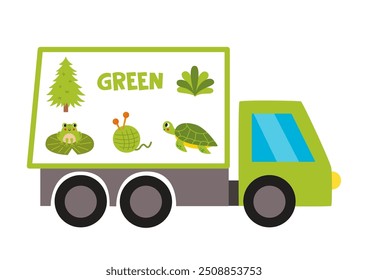 Learning colors worksheet for kids. Green truck with green objects.