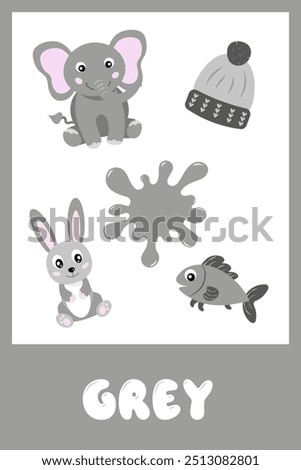 Learning colors worksheet for kids. grey color flashcard. Worksheet for preschool children. Learning primary colors for preschoolers. Educational flashcards for children.