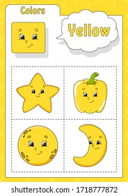 Learning colors. Yellow color. Flashcard for kids. Cute cartoon characters. Picture set for preschoolers. Education worksheet. Vector illustration.