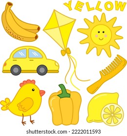 Learning colors. Yellow color flashcard for kids with different yellow pictures.	