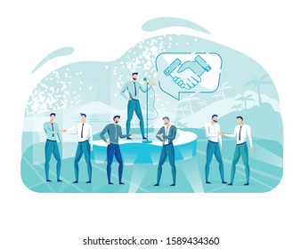 Learning Communication Skills from Expert. Professional Coach on Stage with Microphone Teaching Business Professionals, Top Managers and Directors to Shake Hands Firmly and Consistently.
