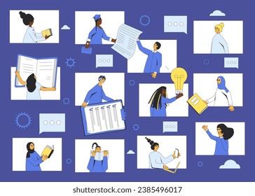 Learning community concept. Online education. Edtech. Vector color outline illustration.