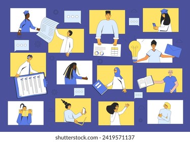 Learning community concept. Online education. People talking to each other and collaborating on the Internet. Service for home education. Vector outline illustration.