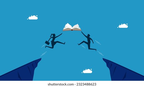 learning competition. Two businessmen jumping for a book