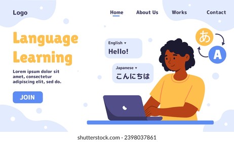 Learning computer language poster. Woman with laptop develop software. Programmer and IT specialist write code for application. Landing page design. Cartoon flat vector illustration