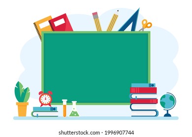 Learning concept. Books and chalkboard, school subjects. lesson. Vector illustration in flat style