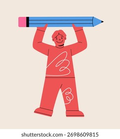 Concepto de aprendizaje. Niño sosteniendo un lápiz grande. Ilustración vectorial colorida

