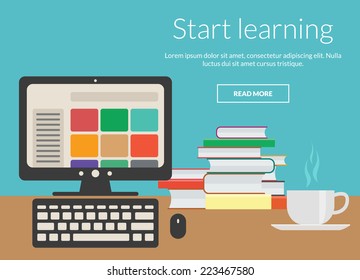 Learning concept with coffee, books and computer. Vector elements design for online advertising