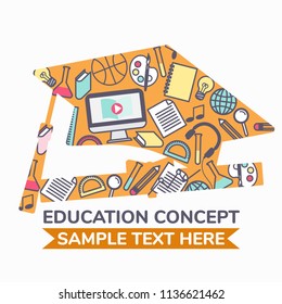 Learning concept, education tools outline cartoon in graduation cap