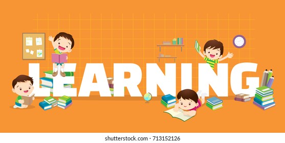 Learning concept illustration of Students Boy and Girl Reading and learning various actions with elements around big Letter.