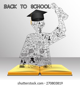 Learning concept. The knowledge from the book becomes successful graduated student. Education doodles including the word ROMANIAN in Romanian,CHINESE in Chinese,KOREAN in Korean and other languages. 