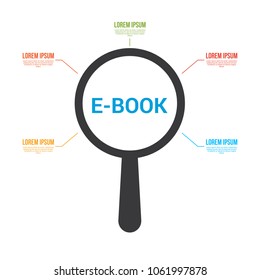 Learning Concept: Magnifying Optical Glass With Words E-book. Vector illustration