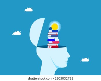 Learning concept. stack of books inside a human head with a light bulb