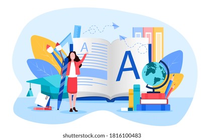 Learning concept with student or teacher and open text books with alphabet letter, stationery accessories and globe, colored vector illustration