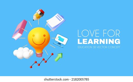 Learning concept. Studying design with smiling idea light bulb and school supplies