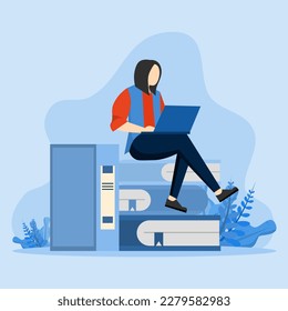 Learning concept, studying woman sitting on books with laptop computer studying and educating themselves. Flat design vector illustration.