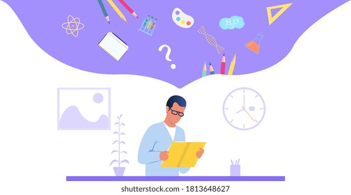 Learning concept with young man reading from a book with his thought process above with assorted education icons and question mark, colored vector illustration