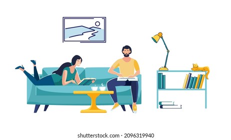 Learning concept, young people reading books, studying at home and drinking coffee. Teamwork, education. Students, girl and boy, at work, university. Flat style cartoon characters. Vector illustration