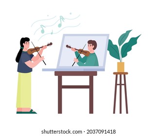 Learning or conducting online music lesson. Girl musician teacher or student play on violin in front of screen of laptop computer. Home education or leisure. Vector illustration.