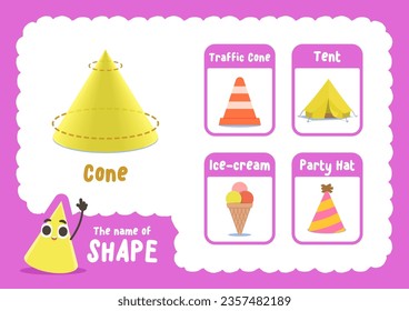 Learning cone shape sheet with object cards, illustration cartoon vector design on white background. kid and study game concept.