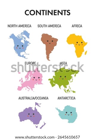 Learning Continents poster for kids, geographical poster. Earth, worlds parts. Vocabulary for kids in English. Geography Learning, map material for homeschooling, teaching. Educational activity.