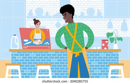 aprender a cocinar en línea. hombre africano preparando una comida en la cocina viendo videos de cocina. ilustración vectorial de estilo plano