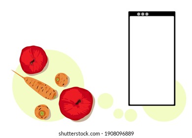  Lernen, mit dem Online-Banner zu kochen. Online Kochkurse.Möhren und Äpfel, ein Telefon mit einem Platz für Ihre Rezepte. Flache Illustration. Platz für Text.