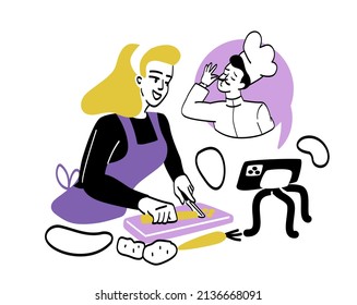 Learning to cook online. Girl in kitchen prepares dishes according to video. Recipe, information and training, modern technologies. Woman cutting vegetables. Cartoon flat vector illustration