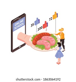 Learning cooking online isometric blogs tutorials on tablet vector illustration