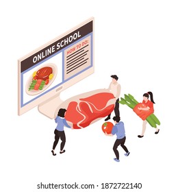 Learning cooking online isometric recipes lessons blogs tutorials vector illustration