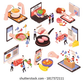 Learning cooking online isometric set with menu recipes lessons blogs tutorials on tablet mobile screen vector illustration  