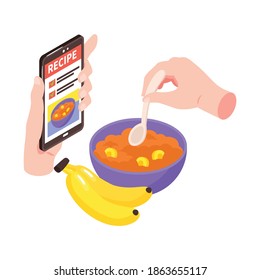 Learning cooking online isometric tutorials on mobile screen vector illustration
