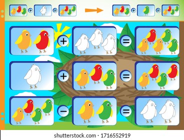 Learning to count with colorful chicks. Entertaining math exercises for children. Solve examples and colorize black and white objects. Worksheet for printing. Vector illustration