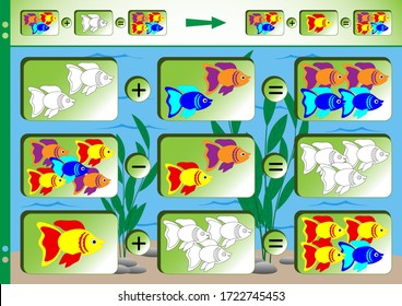 Learning to count with colorful fish in the underwater world. The task for children is to solve equations and colorize black and white objects. Worksheet for printing. Vector illustration