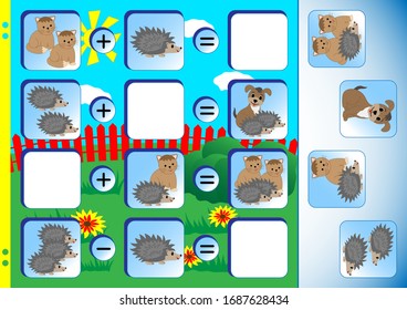 Learning to count with a kitten, hedgehog and puppy. Entertaining mathematics for children. Cut objects, paste into the picture and glue. Worksheet for printing. Vector illustration