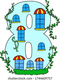 Learning to count. Learning the numbers. Decorative room for training and development. Number 8 vector digits. Educational picture. Isolated vector